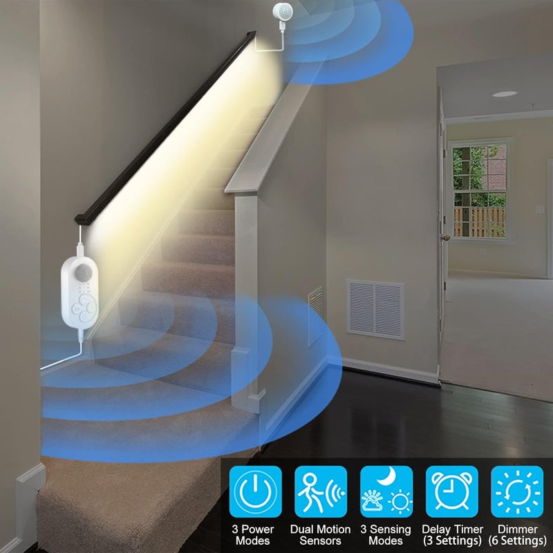 orgaror Dual Sensor Stair Lights Indoor, Motion Activated Plug-in Step Light Strip Indoor with Dimmer, Delay Timer for Stairway (WARM WHITE 3000K (16.4FT Light Strip), ETL Power Adapter (4.92FT Cable)) - Image 2